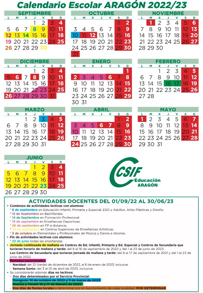 Calendario escolar de Aragón para el curso 2022 / 2023.