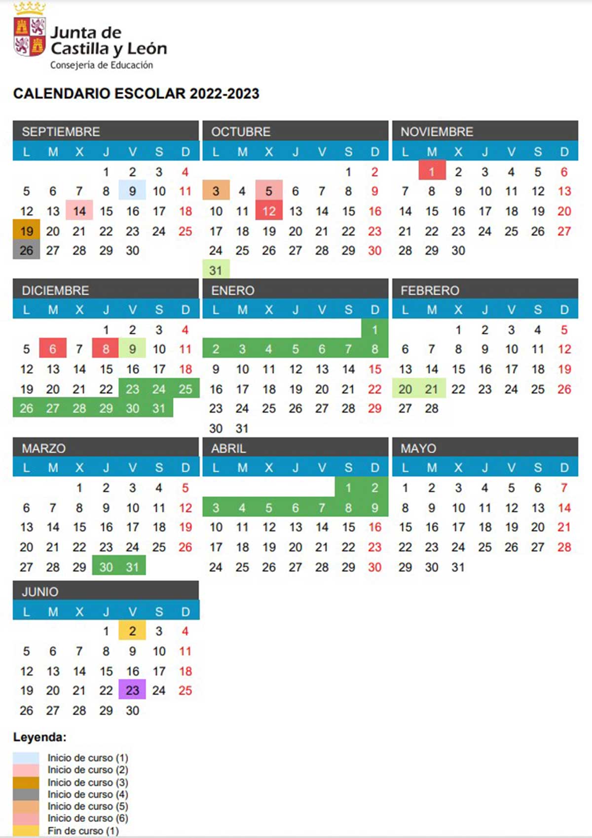 Calendario escolar de Castilla y León para el curso 2022 / 2023.