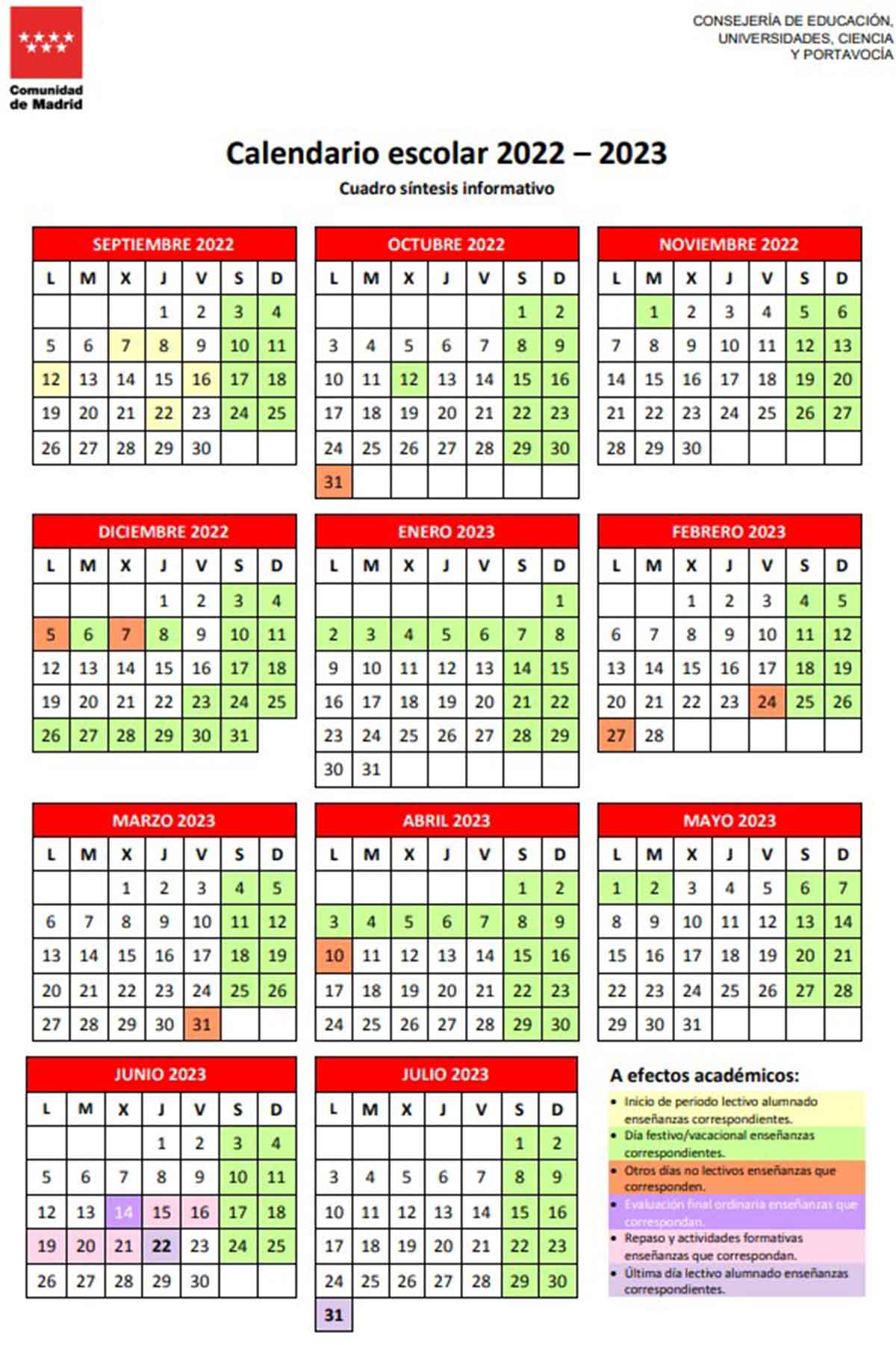 Calendario escolar de Madrid para el curso 2022 / 2023.