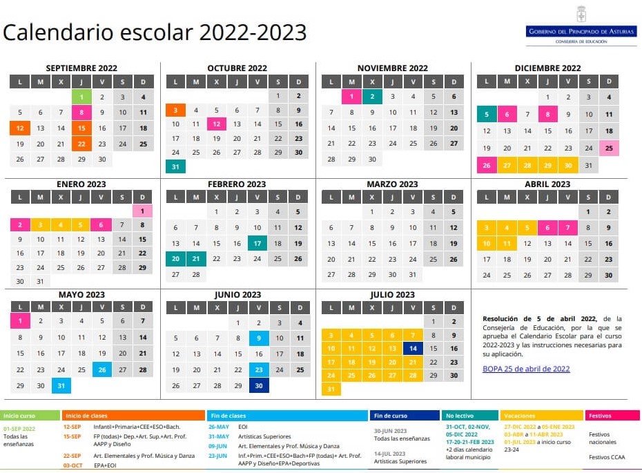 Calendario escolar de Asturias para el curso 2022 / 2023.
