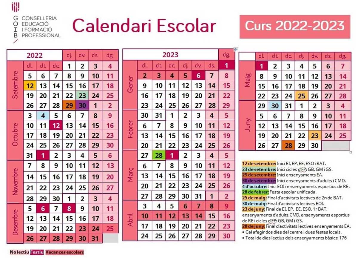 Calendario escolar de Baleares para el curso 2022 / 2023.