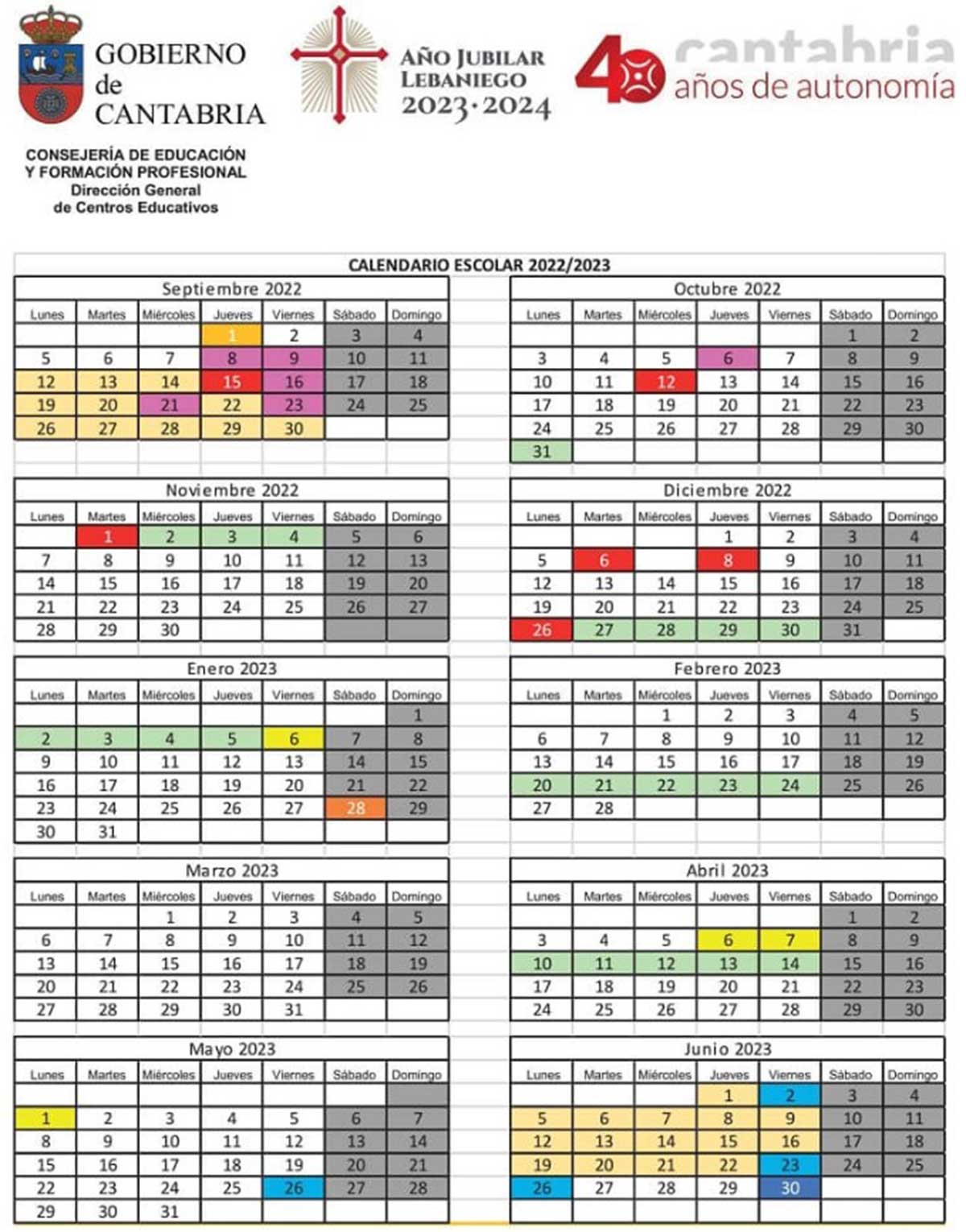 Calendario escolar de Cantabria para el curso 2022 / 2023.