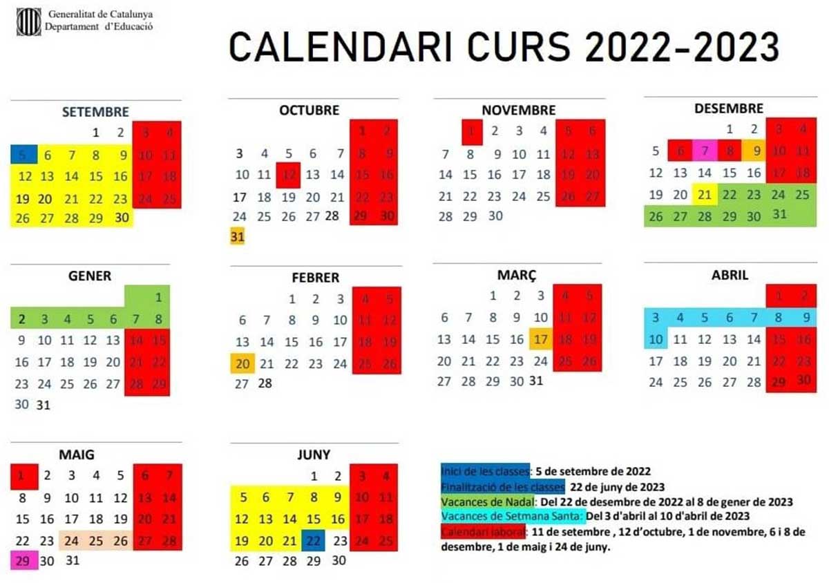 Calendario escolar de Cataluña para el curso 2022 / 2023.