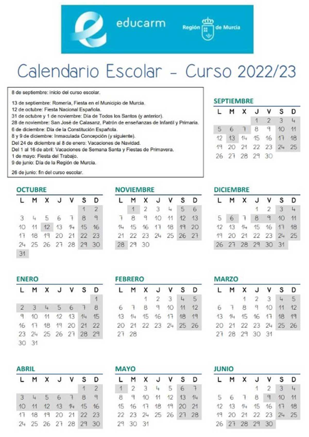 Calendario escolar Murcia