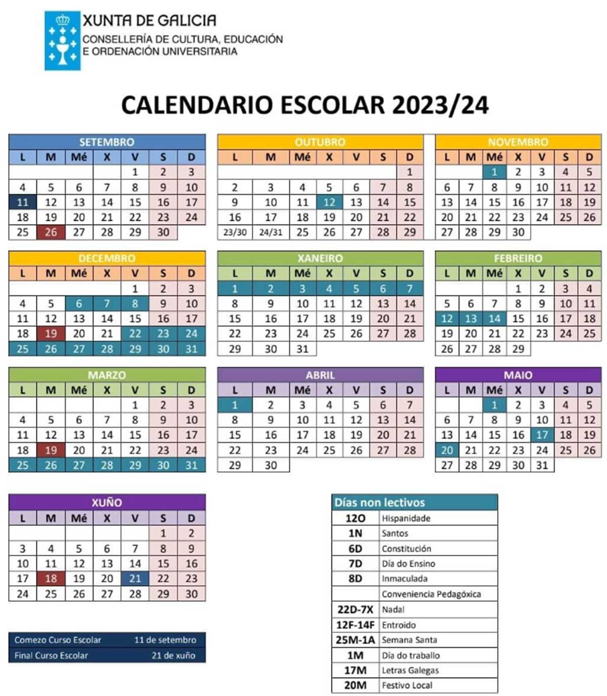 Calendario Escolar 2023-2024 Galicia.