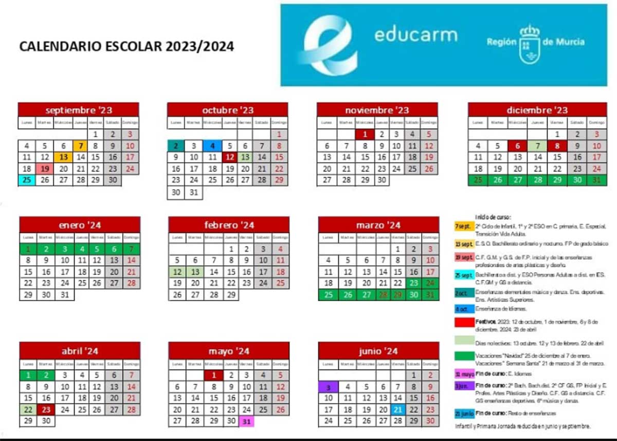 Calendario Escolar 2023-2024 Murcia. 