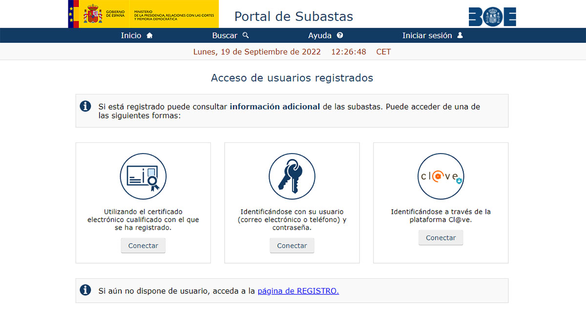 Registro portal subastas BOE