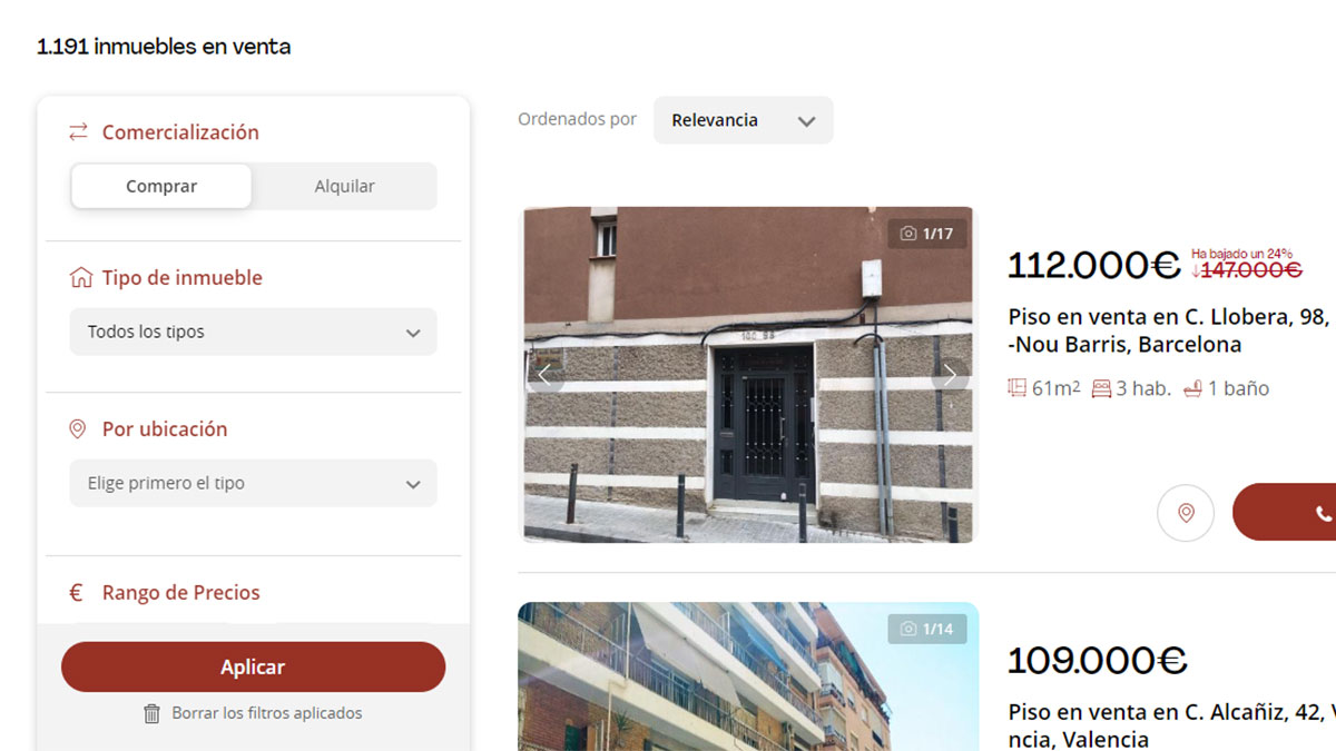 Pantalla con las ofertas de viviendas