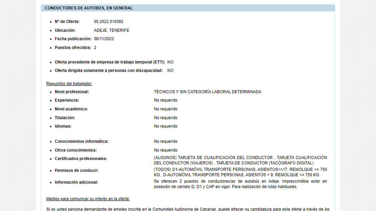 Descripción oferta de empleo