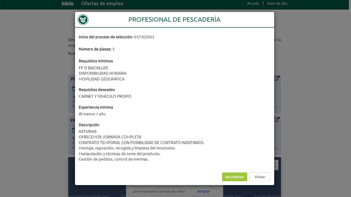 Detalle de cada una de las ofertas de trabajo