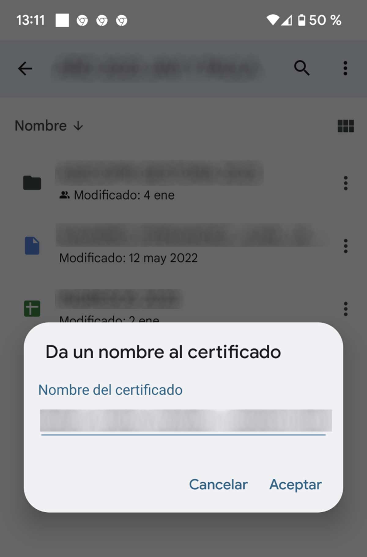 Nombre del certificado digital