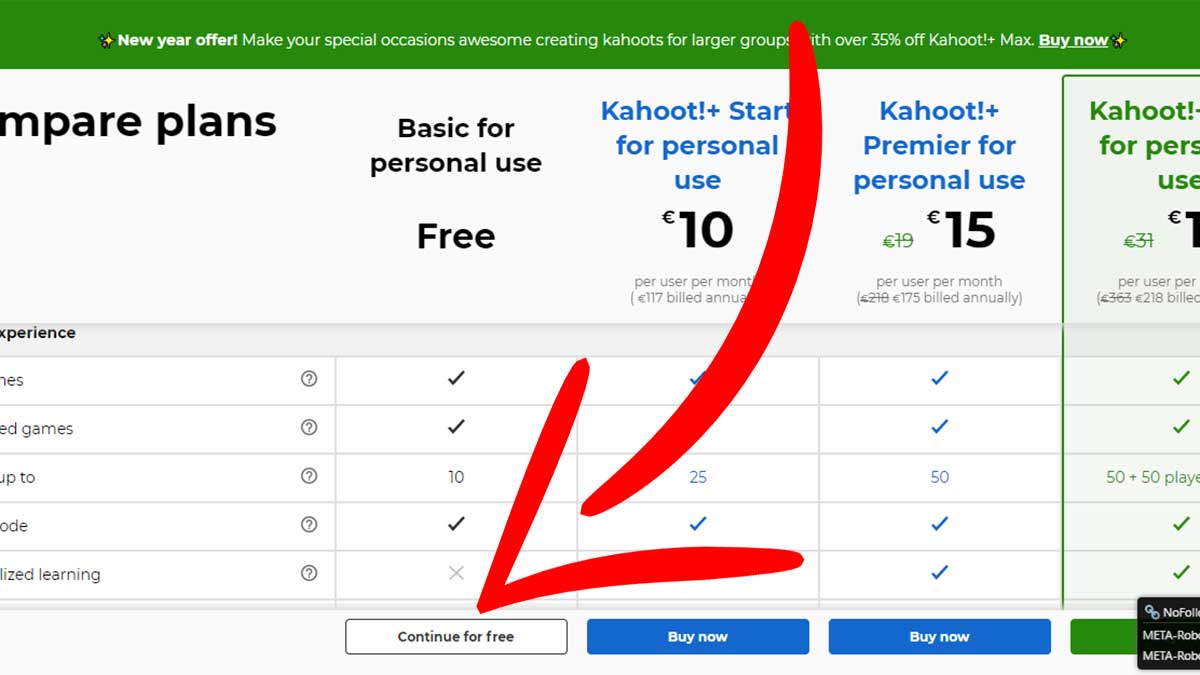 Seleccionar el plan gratuito de Kahoot