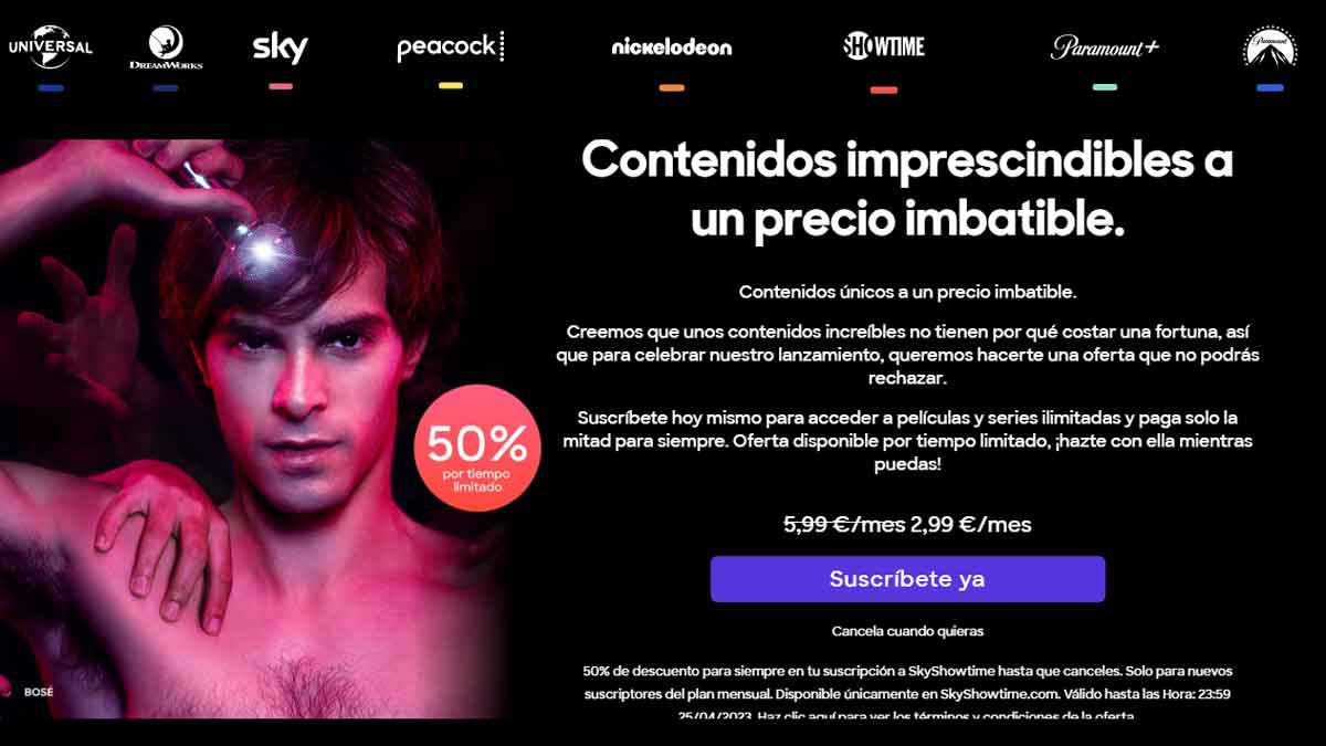 Menú principal de la página web de SkyShowtime.