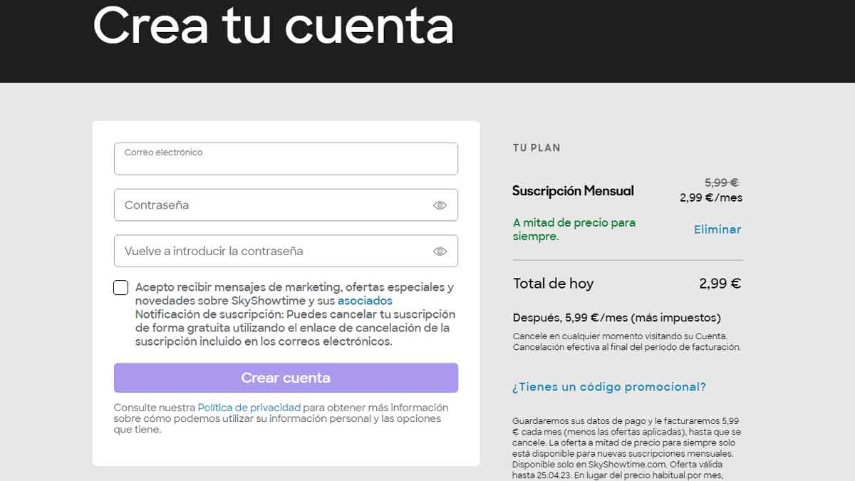 Apartado para crear una cuenta nueva en SkyShowtime.