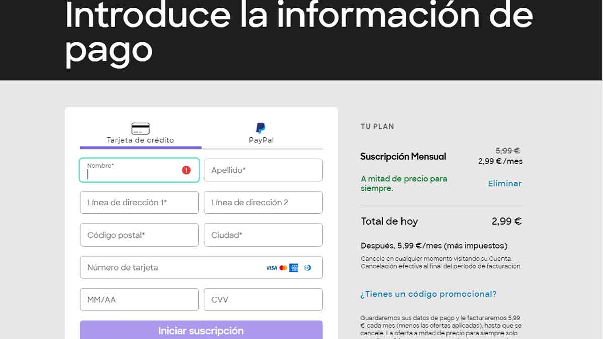 Apartado de información de pago para crear una cuenta en SkyShowtime.