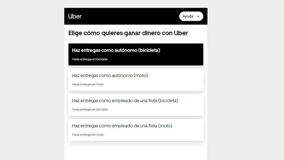 Opciones para trabajar de repartidor en Uber Eats.