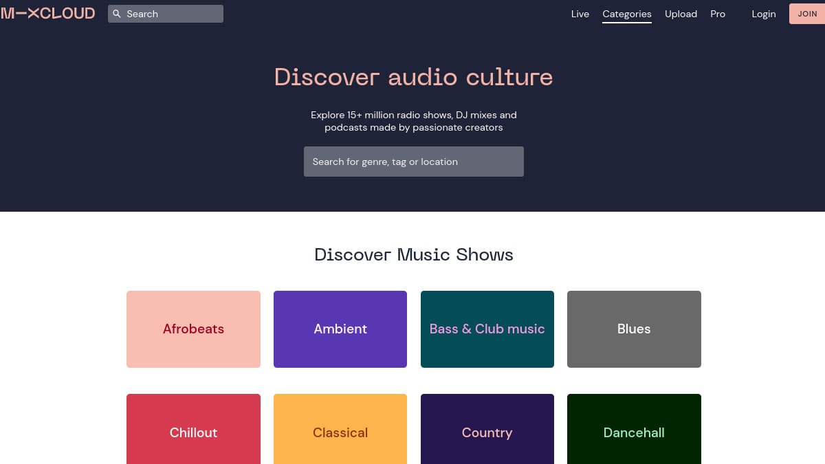 Menú principal de Mixcloud.