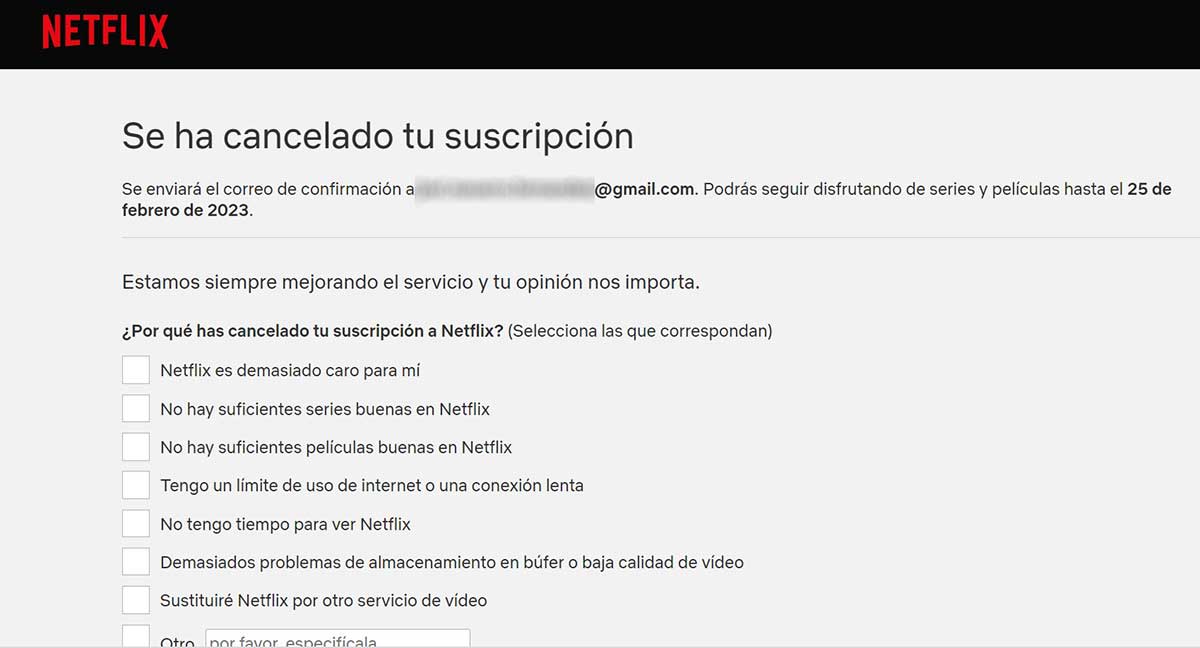 Motivo cancelación suscripción