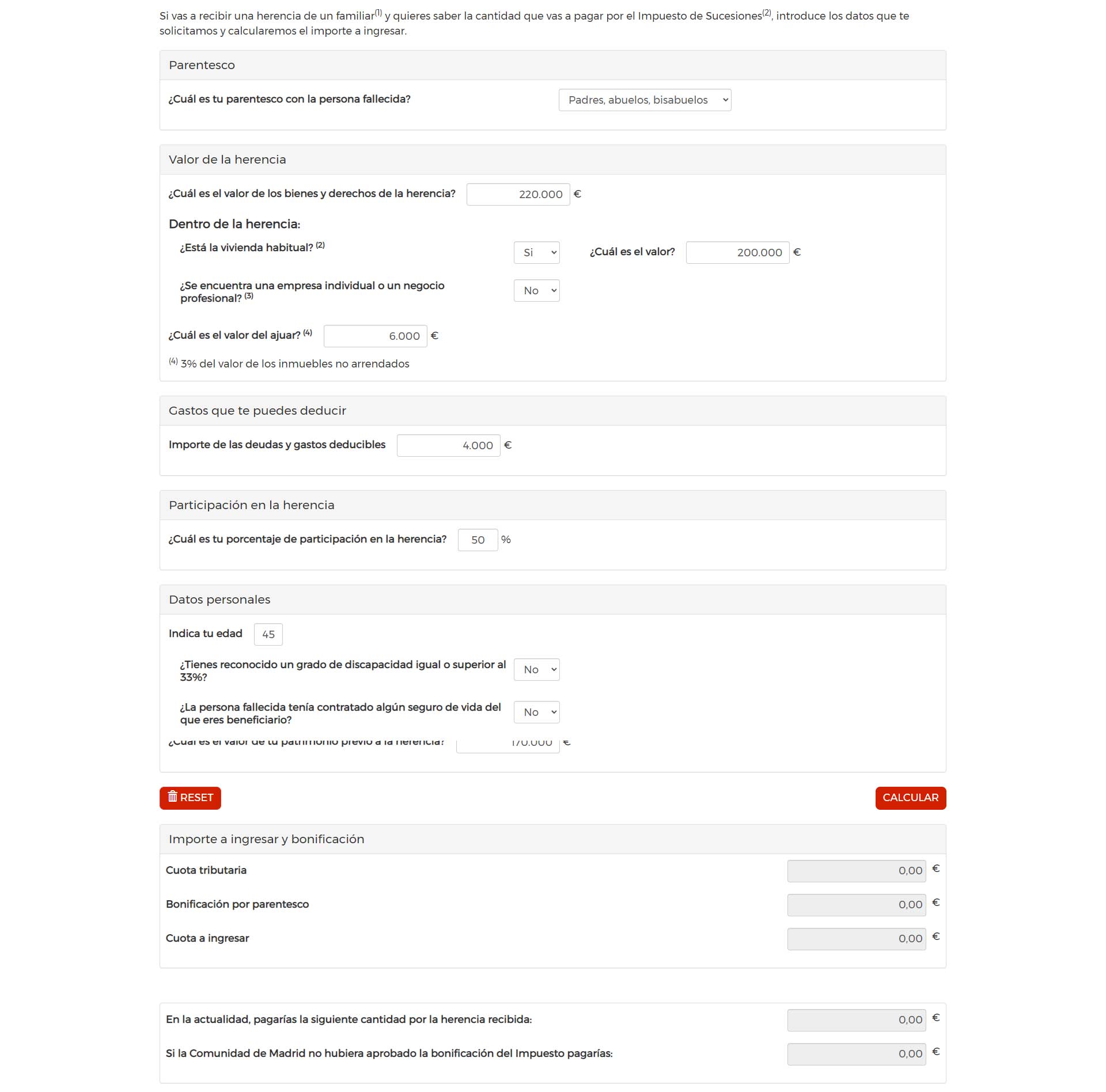 Ejemplo del cálculo con dos herederos