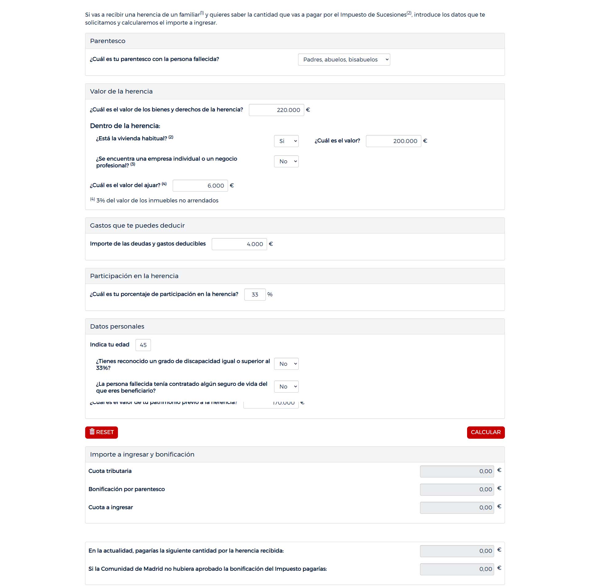 Ejemplo del cálculo con tres herederos
