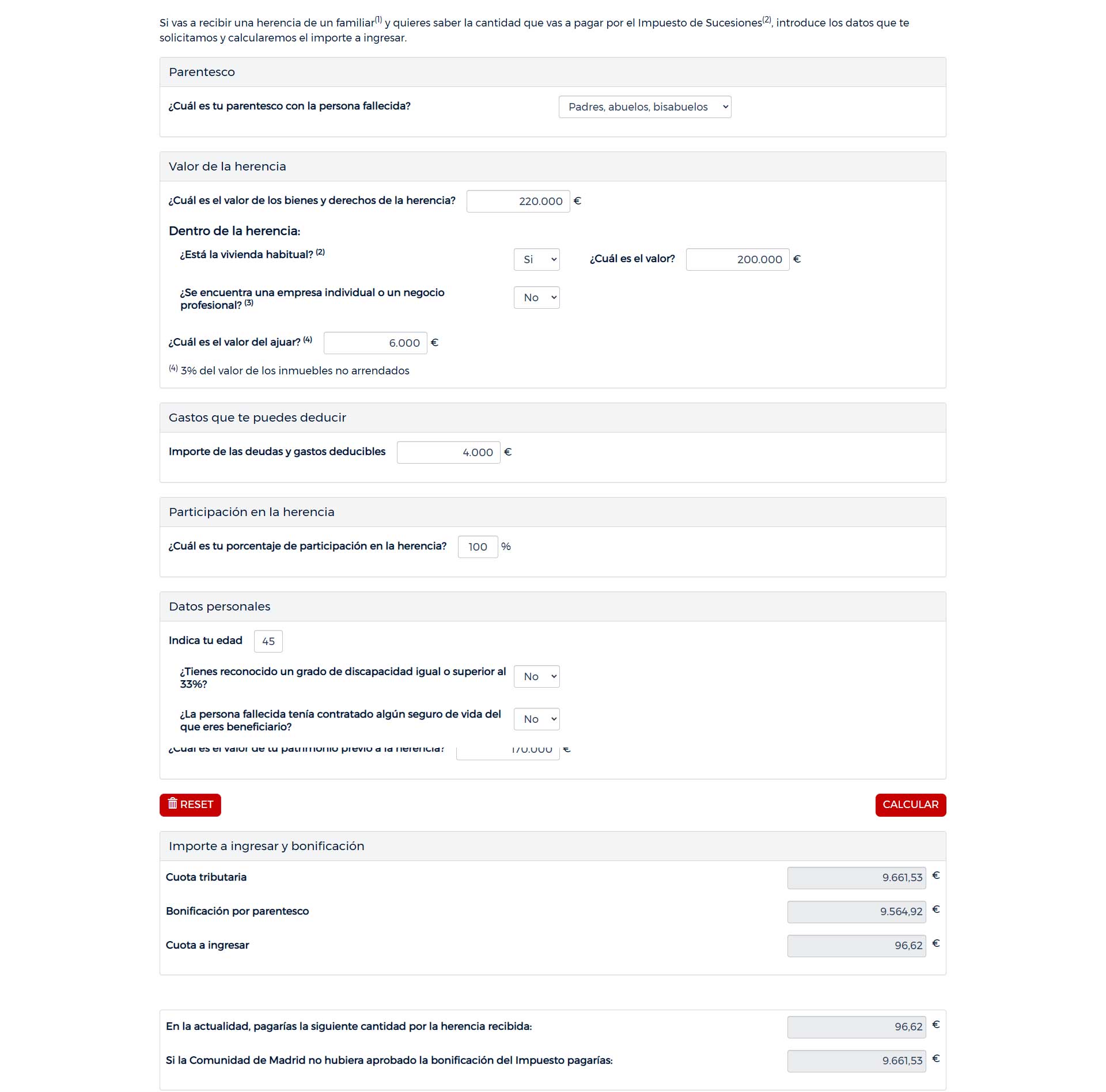 Ejemplo con un único heredero
