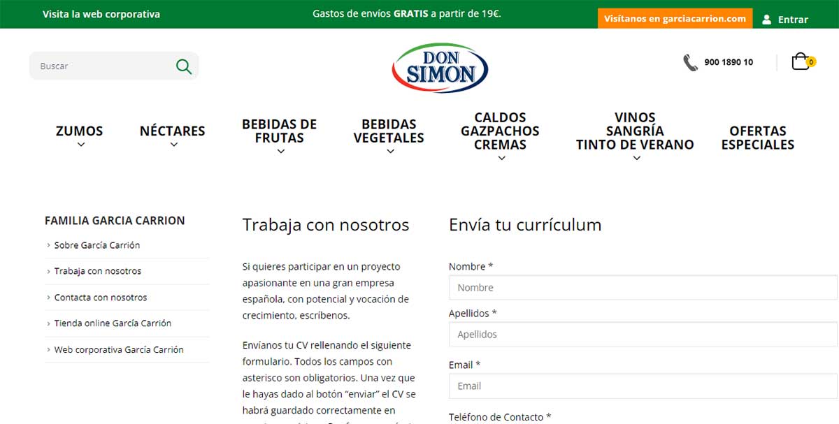 Formulario de contacto para trabajar en Don Simón