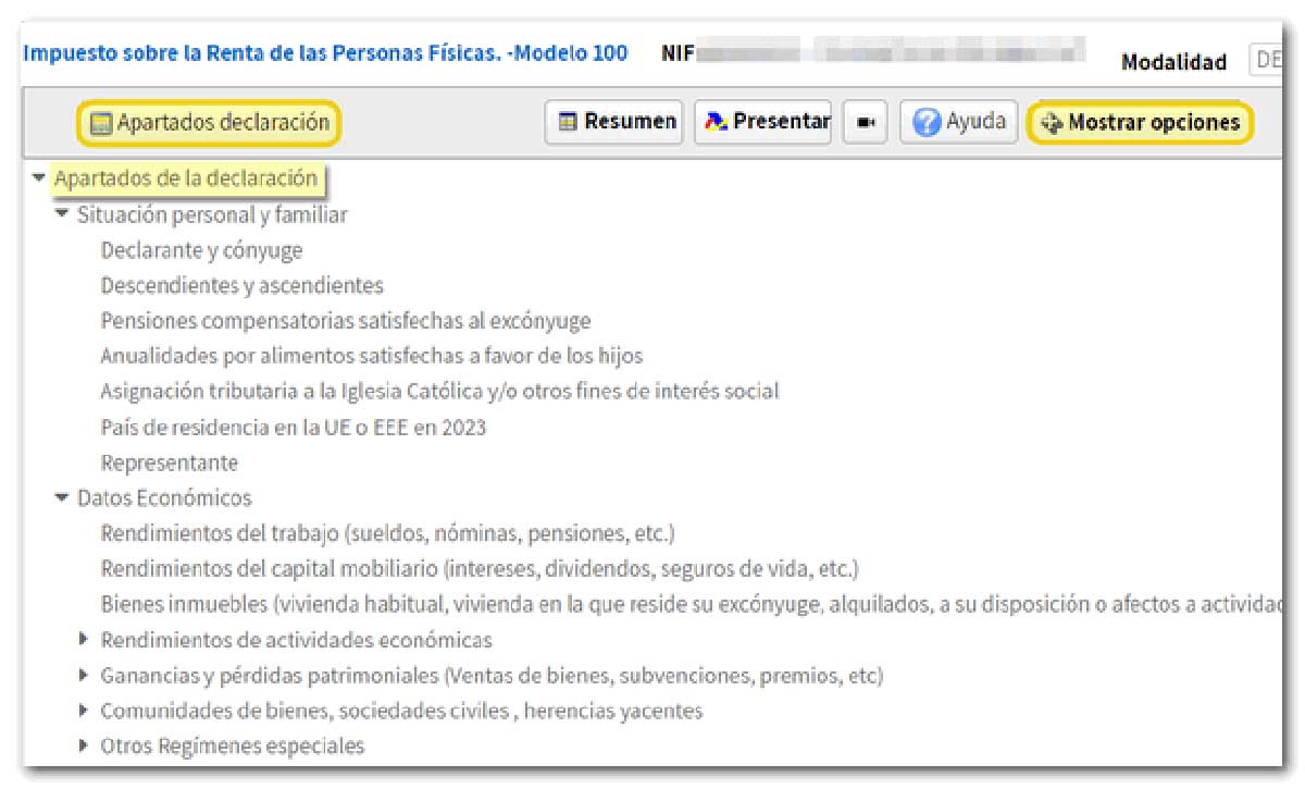 Apartados de la declaración
