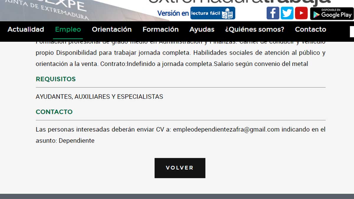 Contacto para inscribirse en cada una de las ofertas