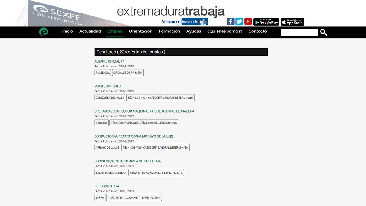 Listado con vacantes de Extremadura