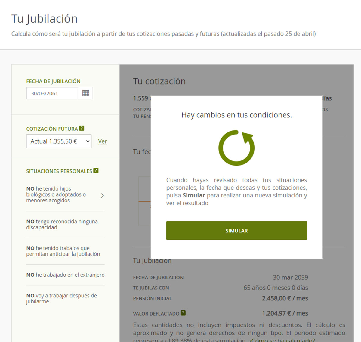 Cambio en las condiciones