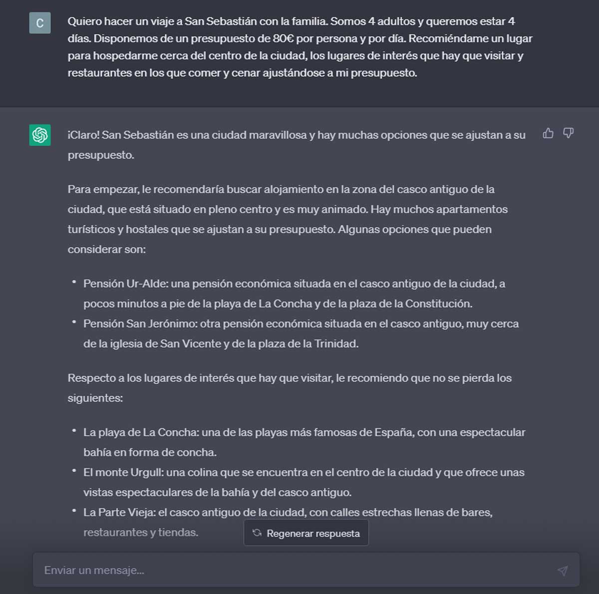 Ejemplo de ChatGPT para planificar un viaje.