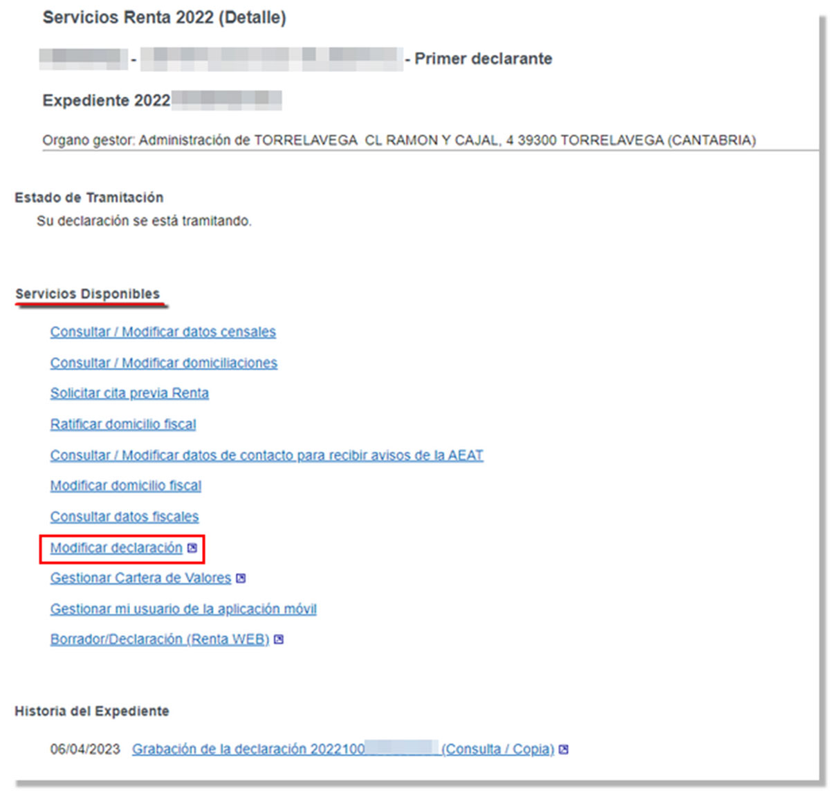 Modificar la declaración