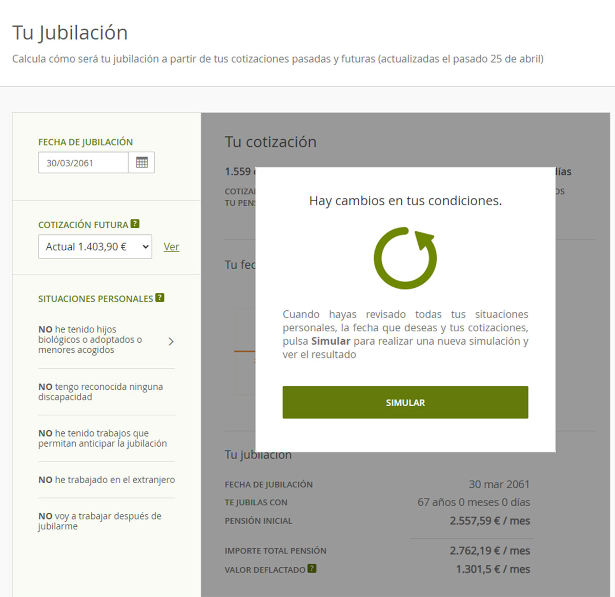 Cambios en la simulación