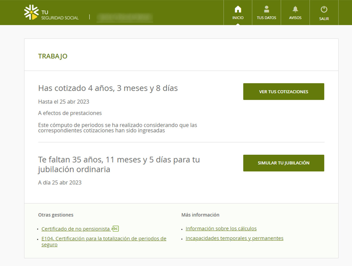 Página de la Seguridad Social con cotizaciones