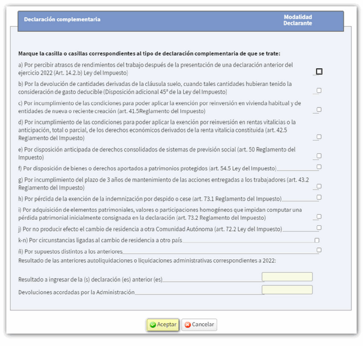 Selección de las casillas de la declaración
