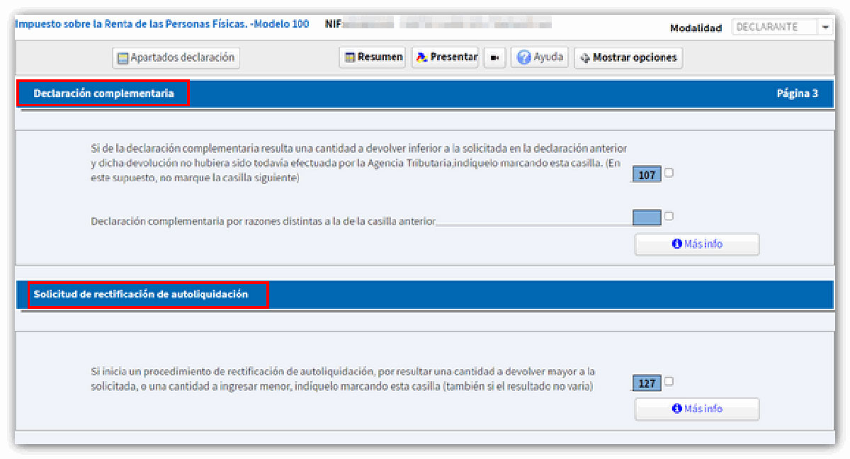 Modificar declaración o rectificación