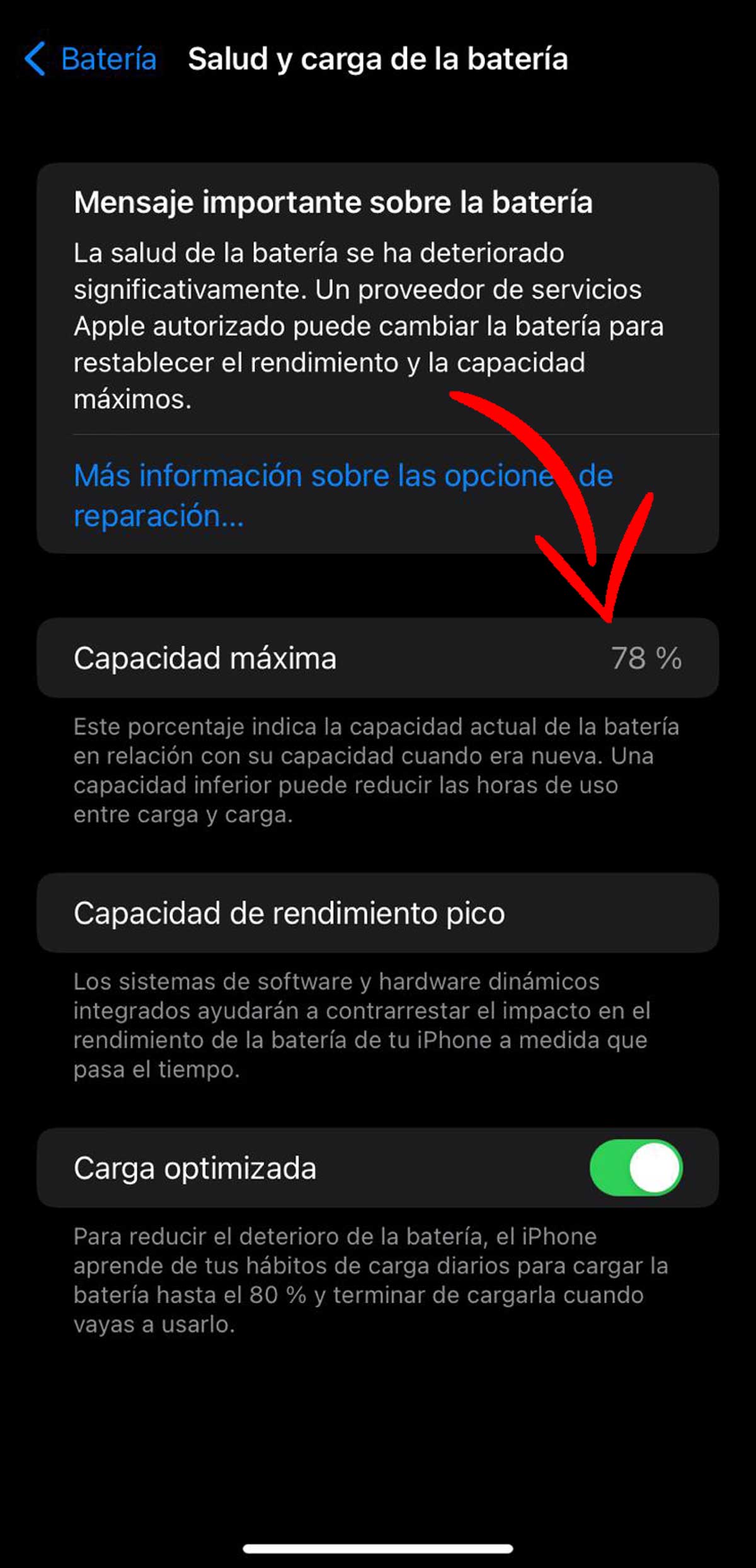 Porcentaje de la salud de la batería.