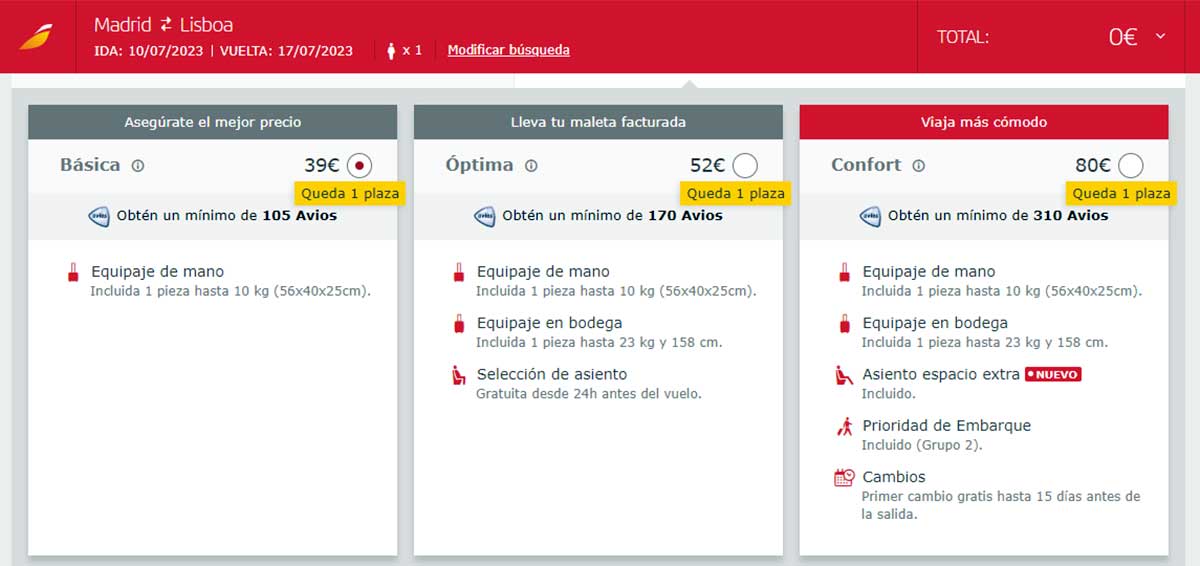 Tipos de tarifa en Iberia