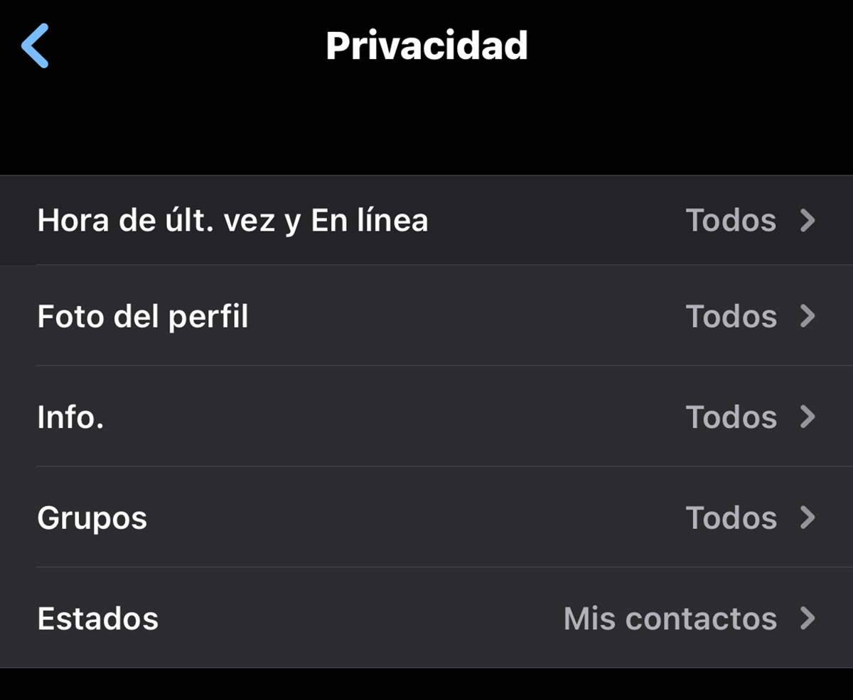 Sección específica de privacidad de WhatsApp