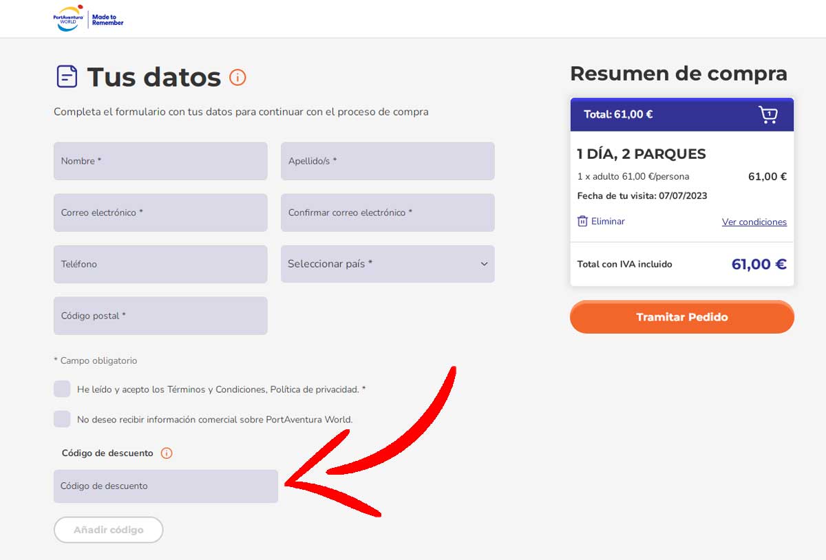 Campo de descuentos entradas PortAventura.