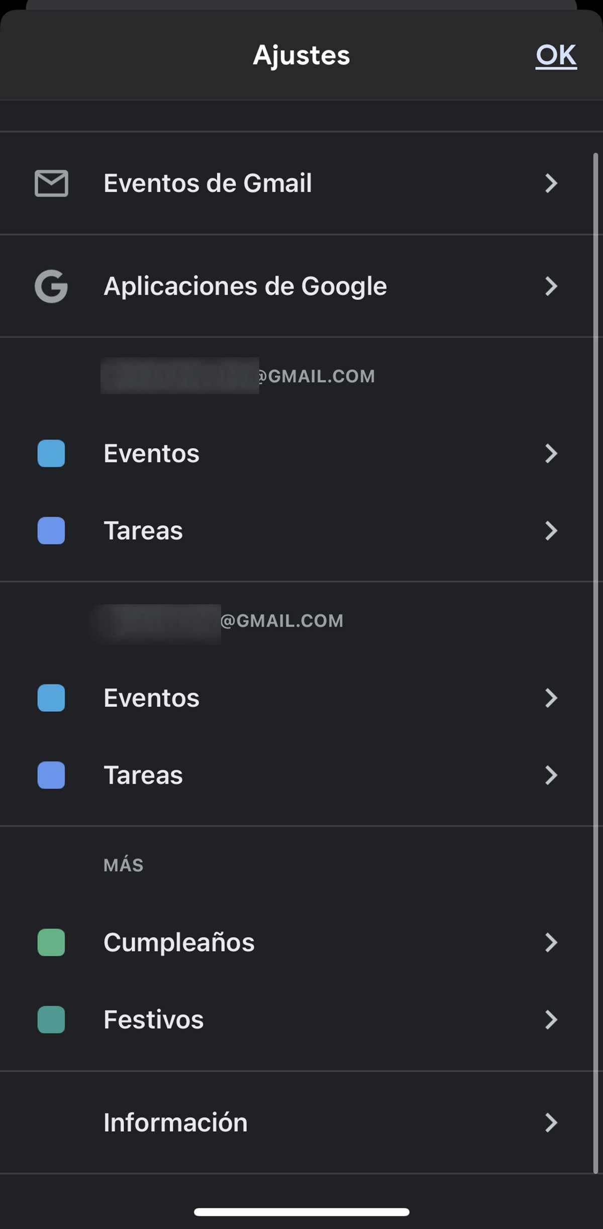 Menú de Ajustes del calendario