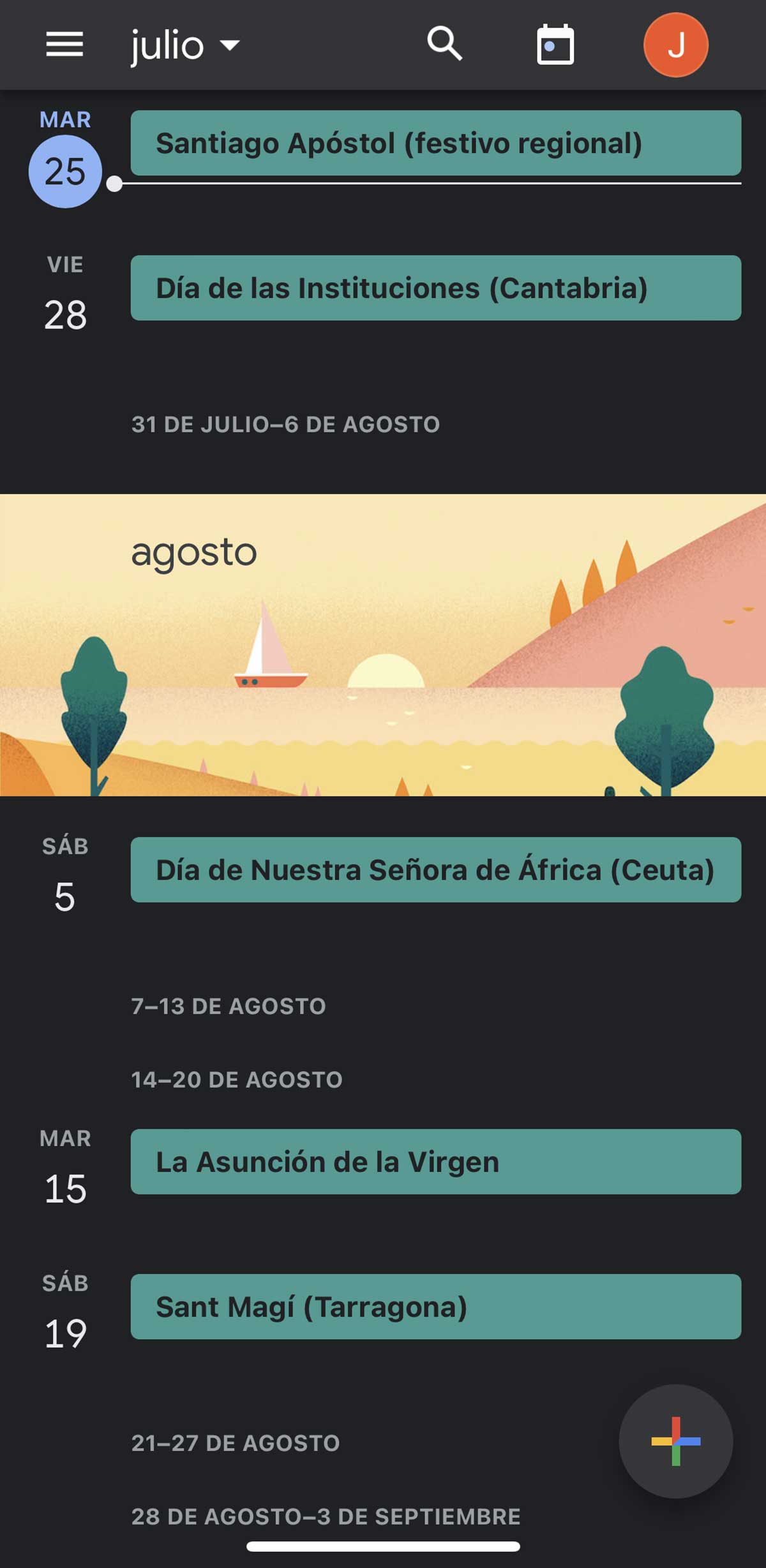 Pantalla principal calendario de Google