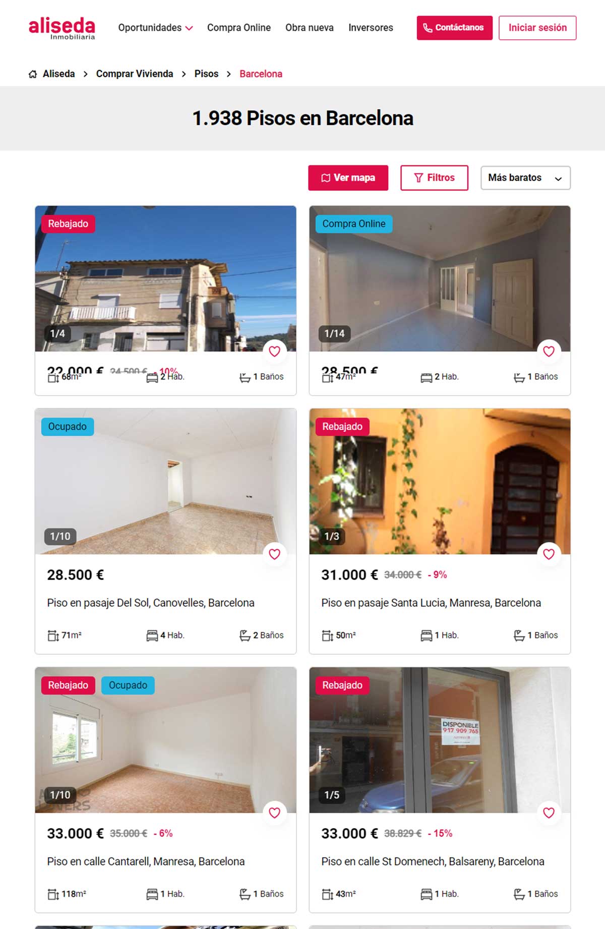 Catálogo de pisos de Aliseda en Barcelona