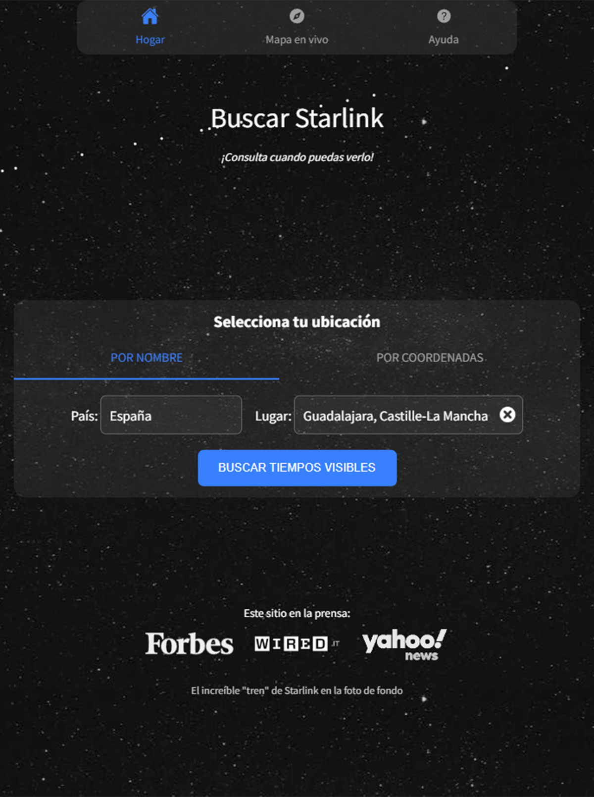 Ubicación para ver Starlink