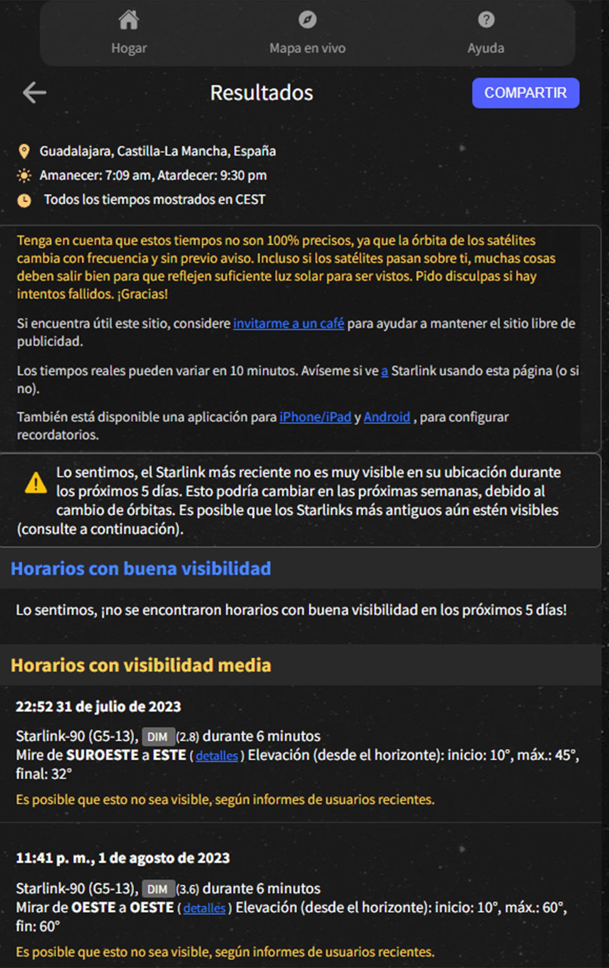 Datos acerca de visibilidad de Starlink