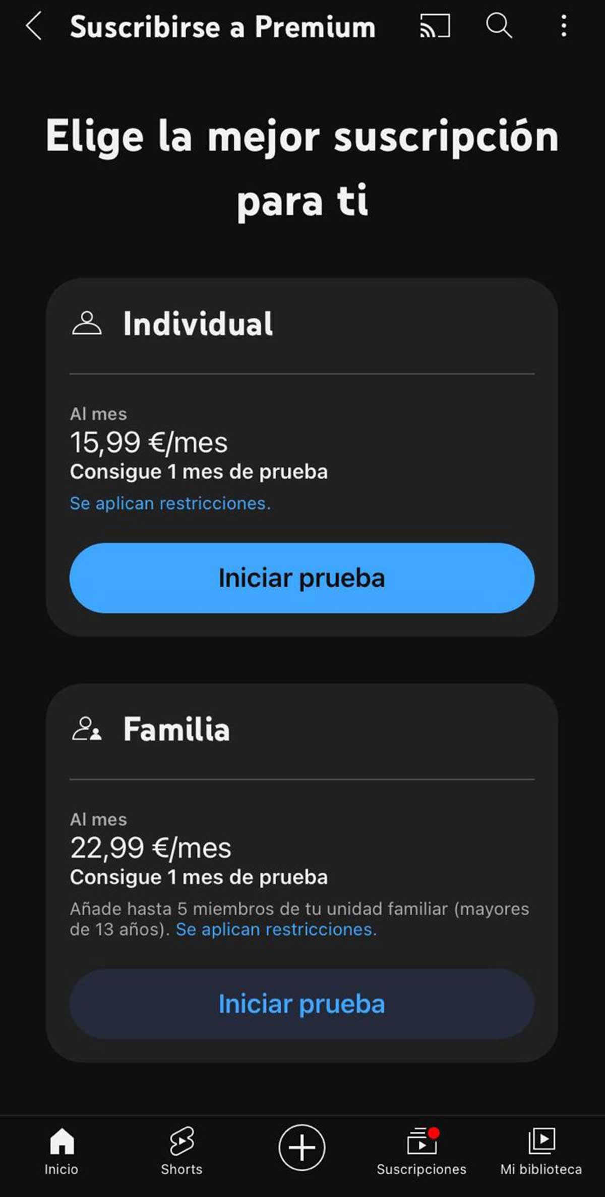 Planes de YouTube Premium.