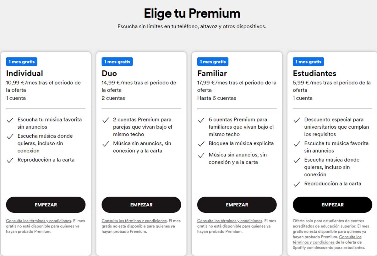 Nuevos precios de los planes de Spotify Premium.