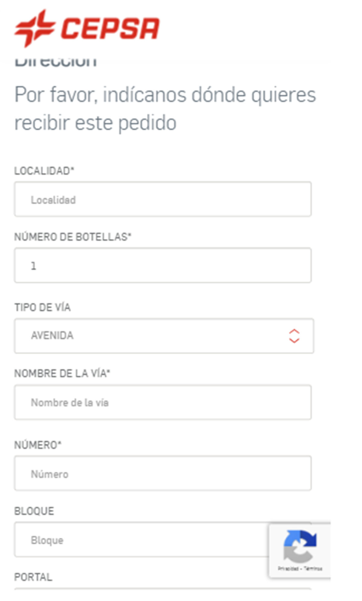 Datos de la dirección para pedir una bombona en Cepsa