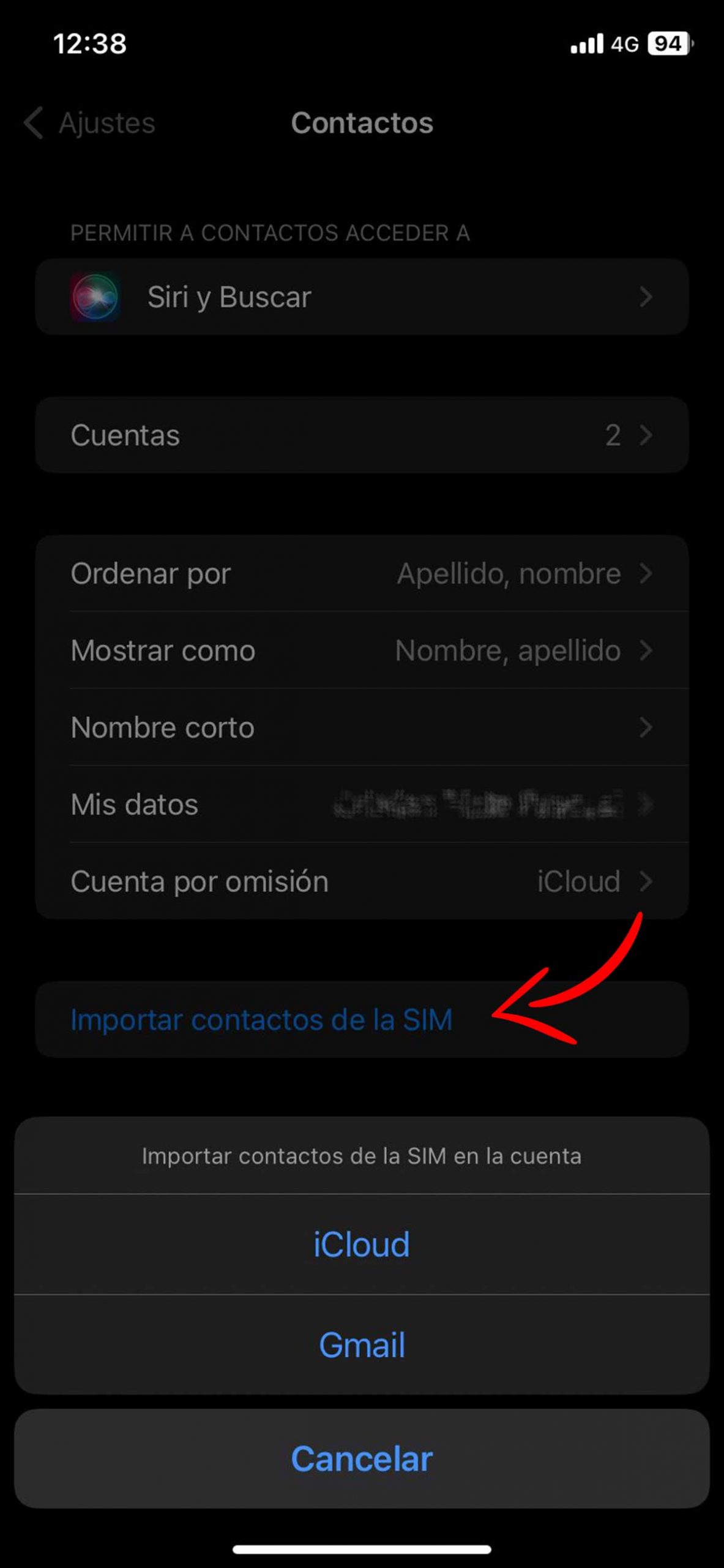 Ajustes de iPhone importar contactos SIM.