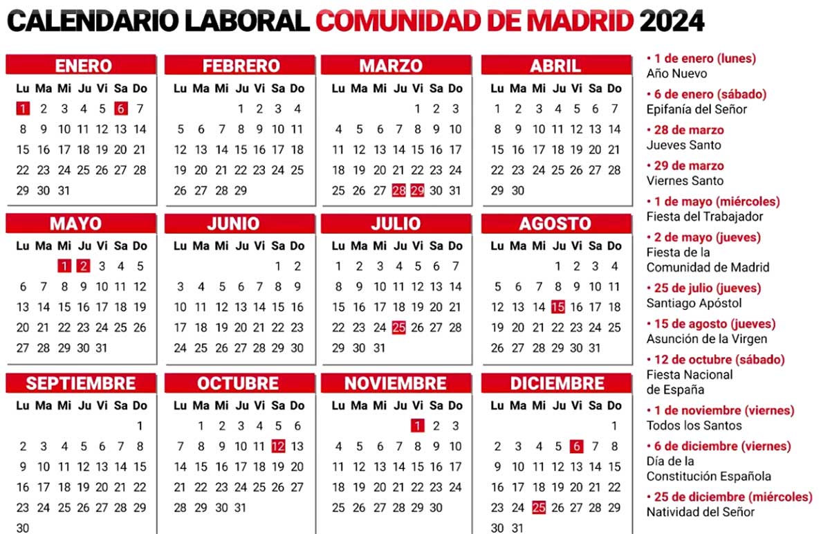 Calendario laboral Comunidad de Madrid 2024.